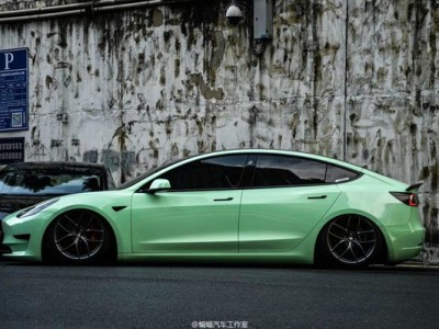 A Tesla model3 airride “beautiful light green car coat”