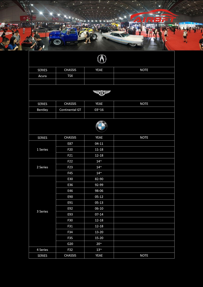 AirRIDE Car model list 2020