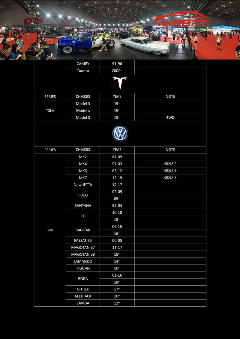 AirRIDE Car model list 2020