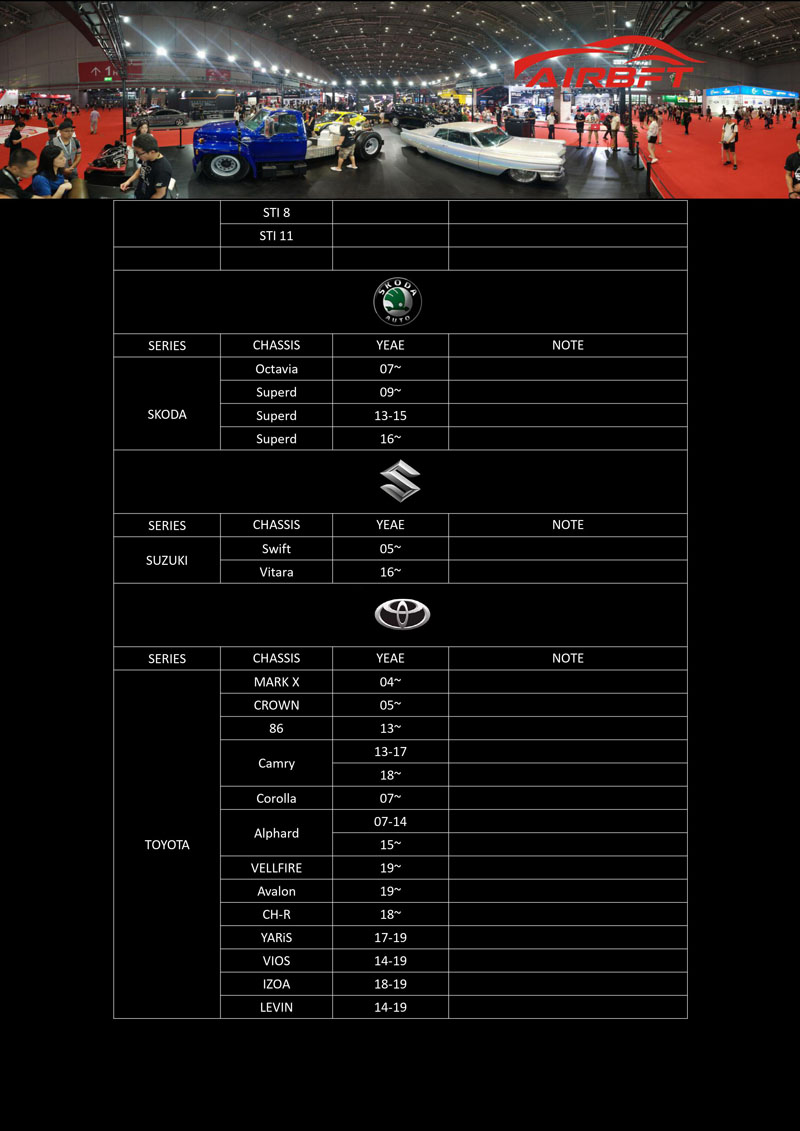 AirRIDE Car model list 2020